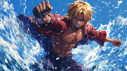 Determined anime fighter charges through crashing ocean waves