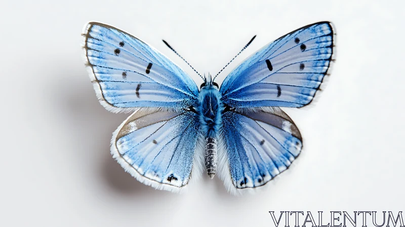 Blue butterfly specimen is displayed against a plain background