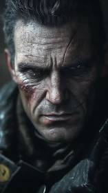 Scarred middle‑aged soldier stares forward with harsh focus