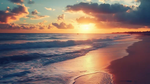 Coastal shoreline with breaking waves at sunset horizon.