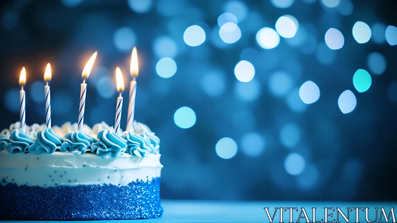 Blue Birthday Cake with Five Lit Candles Against Bokeh Background.