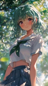 Green haired anime girl in cropped sailor uniform outdoors.