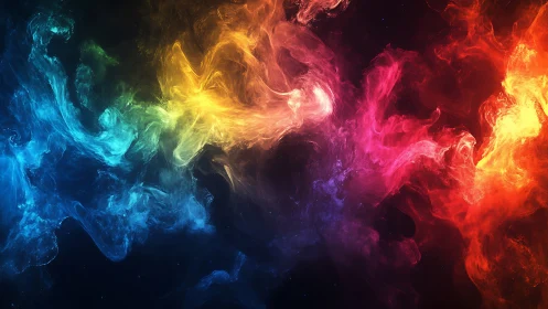 Multicolored gaseous forms across dark abstract field.