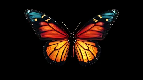 Symmetrical macro study of vivid orange blue butterfly wings