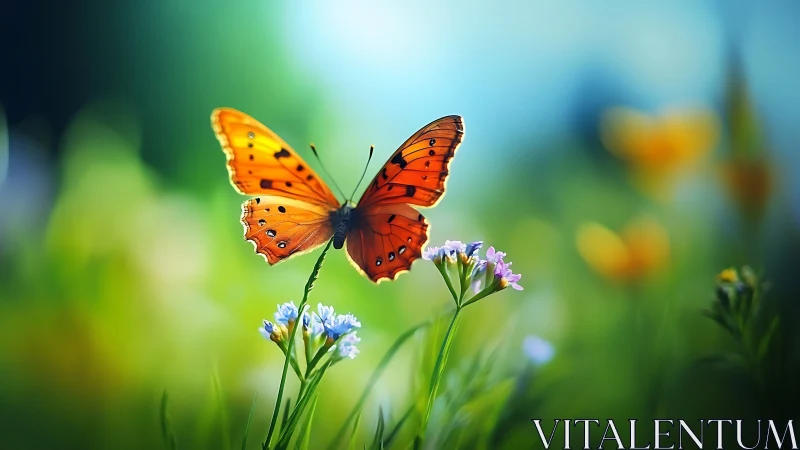 Sunlit orange butterfly poised above a dream-soft meadow.