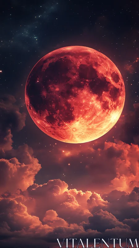 Luminous crimson moon hovering above glowing storm clouds.