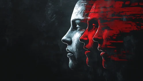 Tri-layer side profiles in grayscale and red fragmentation