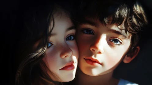 Two children in profile with dramatic lighting.