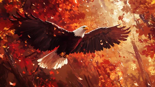 Majestic bald eagle soaring over autumn forest, digital art style.