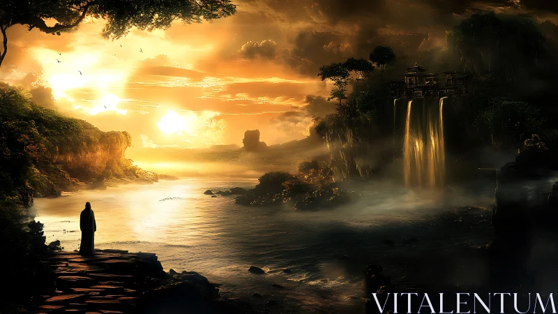 Solitary robed figure observes illuminated river landscape