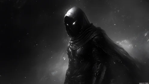 Void-cloaked wraith strides through star-splintered darkness.