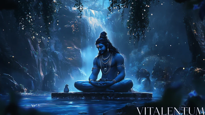 Serene blue deity meditates beneath a glowing jungle waterfall