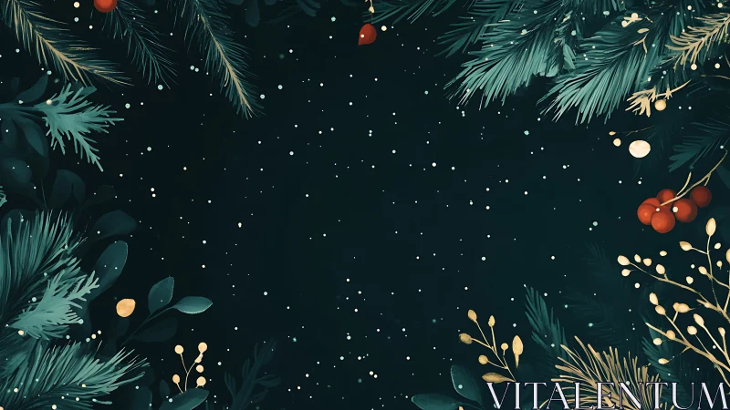 Symmetric winter foliage border with stylized particle snowfall.