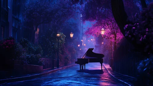 Grand piano stands on wet nighttime street under lamplight