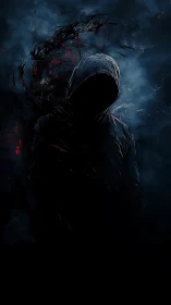 Hooded void figure dissolving into dark crimson smoke.