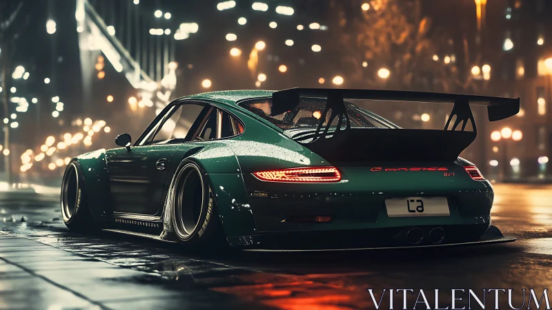 Widebody green sports car on wet neon-lit city street.