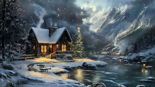 Snow-laden alpine cabin with illuminated tree by frozen river.