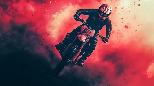 Motocross rider cuts through red dust cloud at speed.