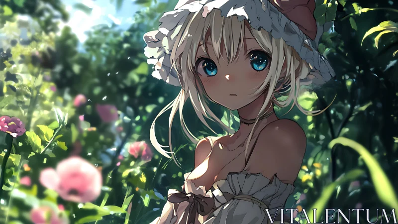 Blue-eyed garden muse beneath sun-dappled blossoms.