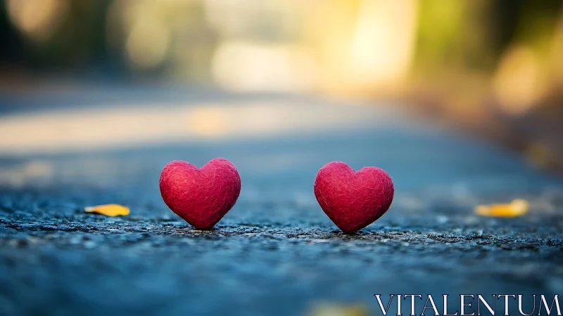 Twin Carmine Hearts Positioned on Asphalt Surface with Selective Focus.