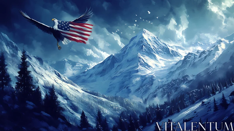 Majestic bald eagle soars above snowbound American peaks.