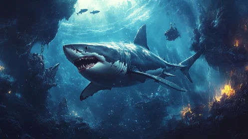 Abyssal warlord shark patrols a firelit undersea chasm.