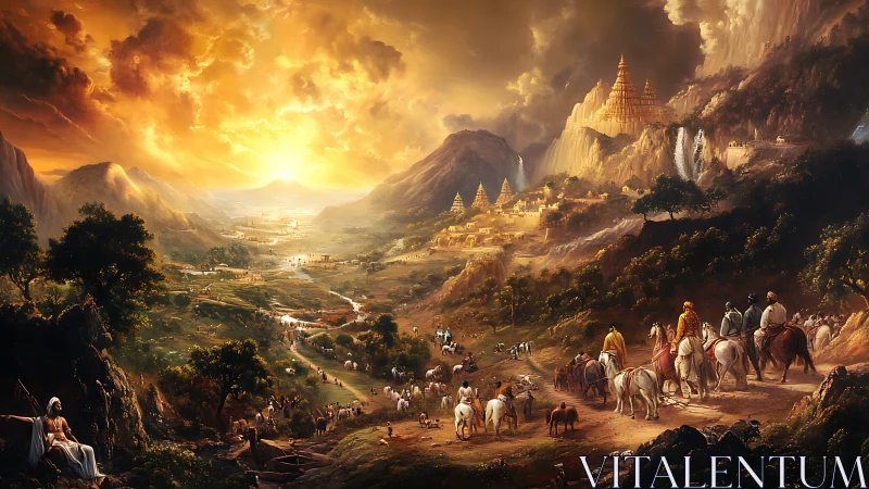 Sunlit valley settlement with temples, riders, and herders.