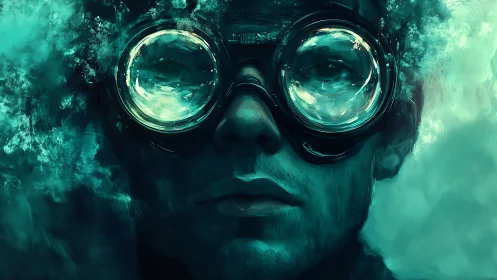 Teal-graded portrait shows reflective goggles in dense vapor field
