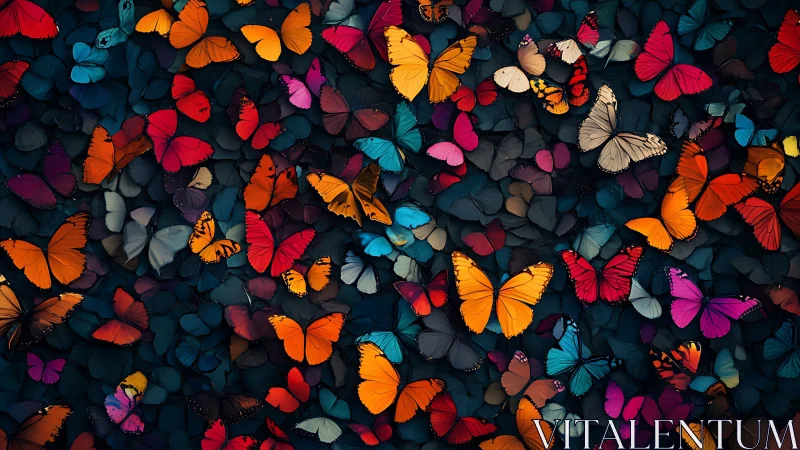 Chromatic butterfly swarm over deep teal wing mosaic.