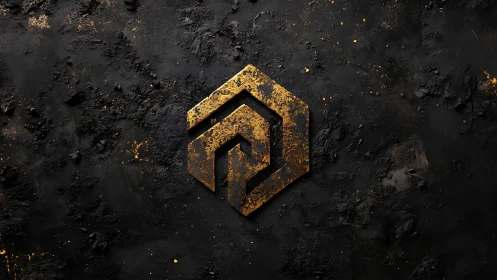 Gleaming golden hexagon symbol rests on rugged black ground