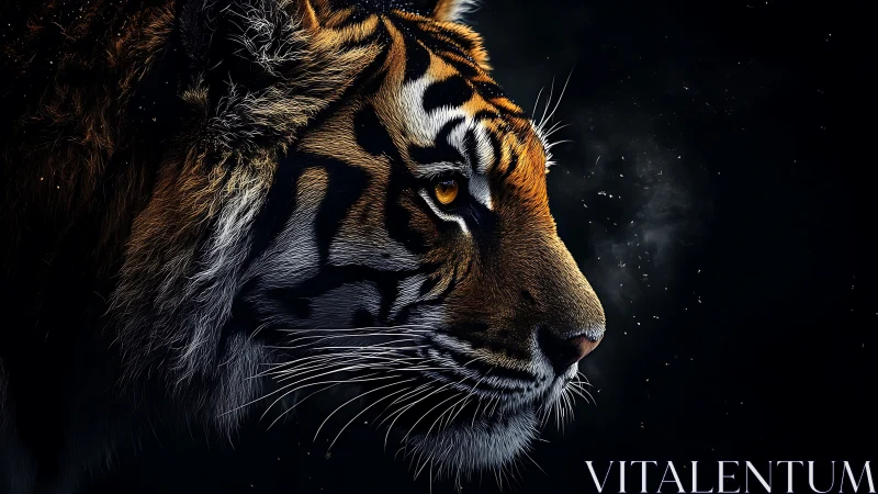 Profile close-up of tiger head on dark contrasting background.