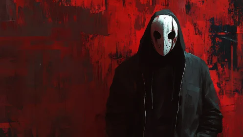Hooded masked figure against distressed red abstract wall