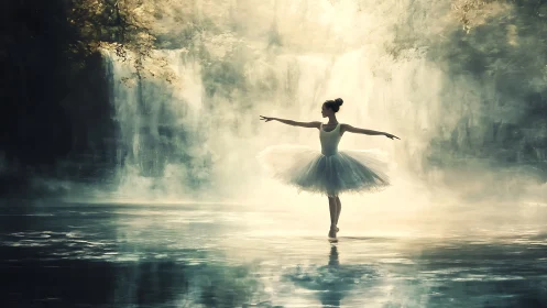 Ballerina balances on misted lake before ethereal waterfall.