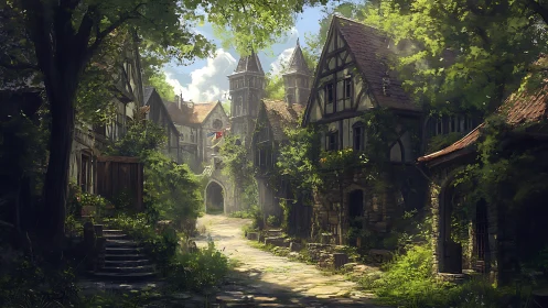 Sunlit medieval village lane framed by lush overgrown trees.