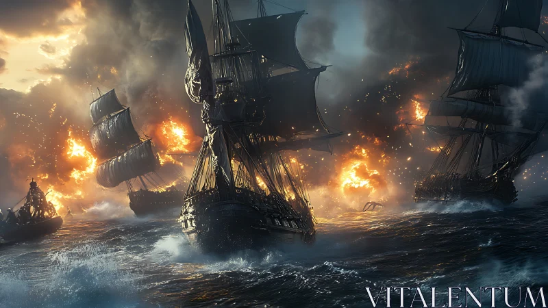 Warships trade broadsides amid stormlit inferno at sea.