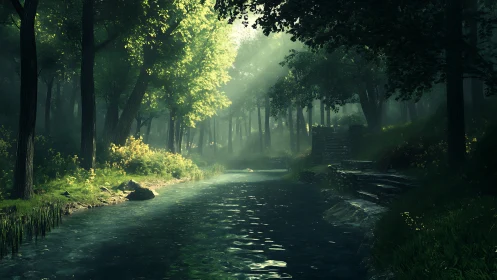 Luminous Forest Stream: Atmospheric Woodland Corridor with Crepuscular Light