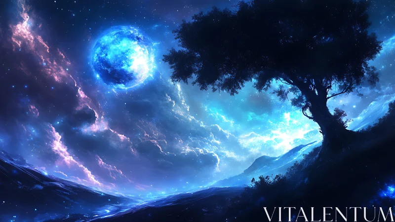 Moonlit dream tree leans toward a blazing electric cosmos