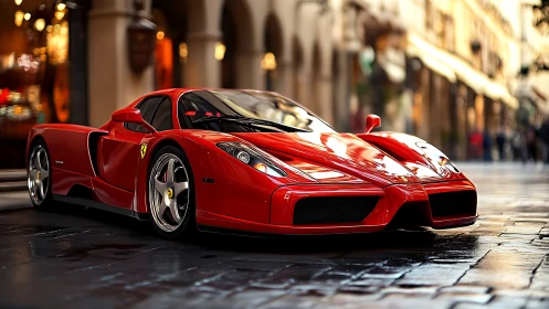 Sleek red supercar glowing on a sunlit city street.