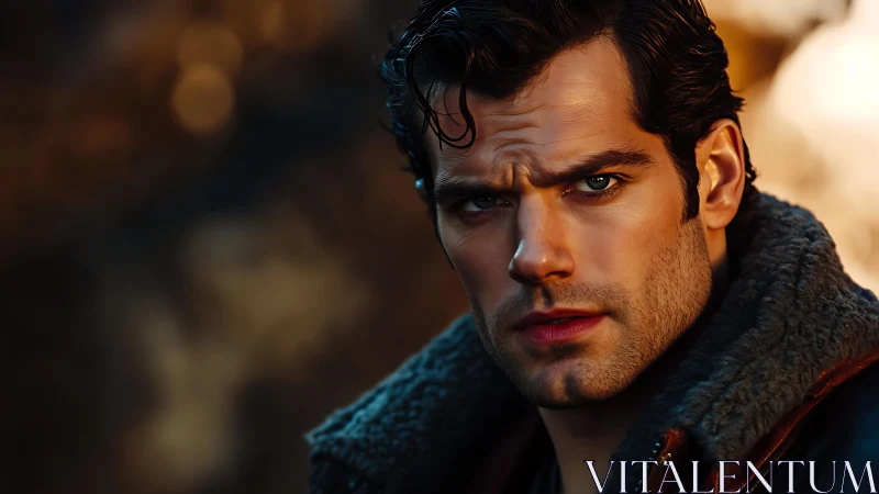 Moody male portrait under warm cinematic sunset light.