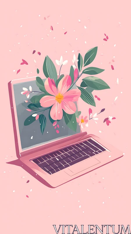 Laptop garden blooms in soft pink digital daydreams.