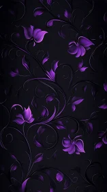 Neon purple floral vines with ornate swirls on black background.