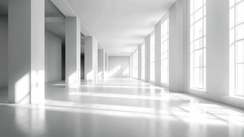 Minimalist white gallery corridor with strong linear daylight.
