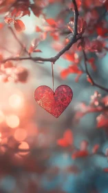 Red heart-shaped ornament suspended from tree branch with blurred foliage background