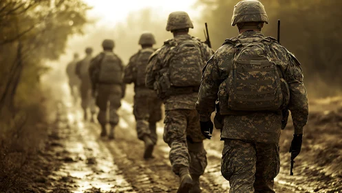 Marching soldiers on muddy forest path at golden sunrise.