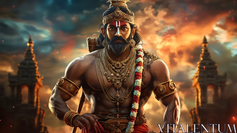 Digital warrior figure stands before temple structures at dusk