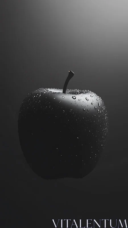 Black apple close-up with water droplets on dark background.