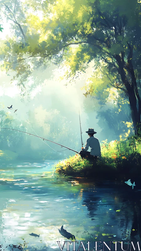 Solitary fisherman on riverbank under bright forest canopy