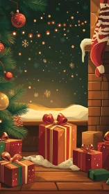 Warm interior Christmas scene with stylized gifts and bokeh lighting effects