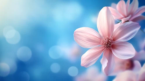 Pink Cosmos Flowers Against Blurred Blue Sky.
