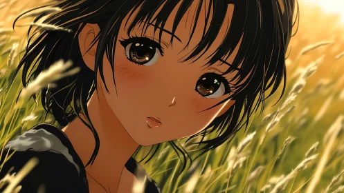 Sunlit anime girl in tall grass with reflective brown eyes.